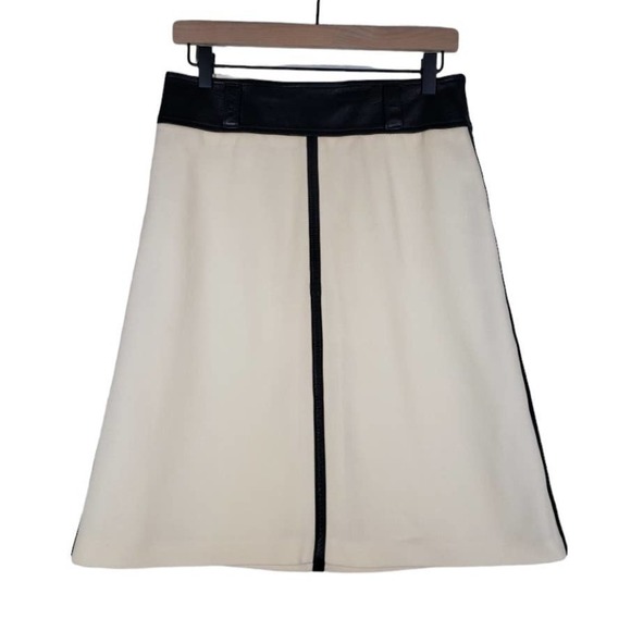 Dolce‎ & Gabbana Wool Skirt Leather Trim A-Line Knee Length Ivory Black S - Picture 1 of 12